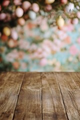 Wooden table with pastel colored eggs and flowers as Easter decor in a cozy setting.