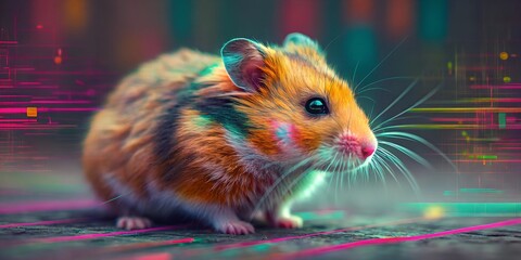 Cute hamster exploring a colorful digital environment in vibrant hues and soft lighting