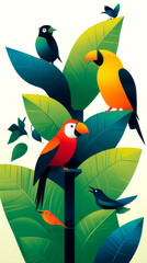 Obraz premium Colorful tropical birds perched on lush green leaves, creating a vibrant and lively natural scene.