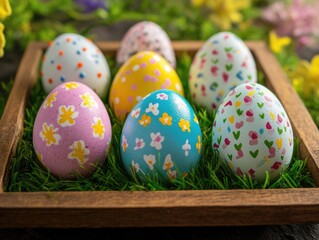 Fototapeta premium A collection of colorful Easter eggs arranged in a basket with grass, highlighting the festive spirit and traditional celebration of the spring holiday.