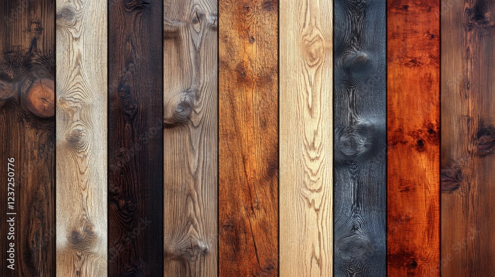 Wall mural diverse wooden planks displaying various textures and colors in vertical alignment