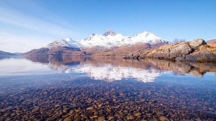 Snowy mountain reflection in calm lake