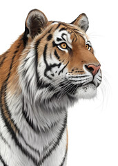 Naklejka premium Majestic tiger resting in a tranquil pose showcasing fur details and expressive eyes against a plain background Transparent PNG