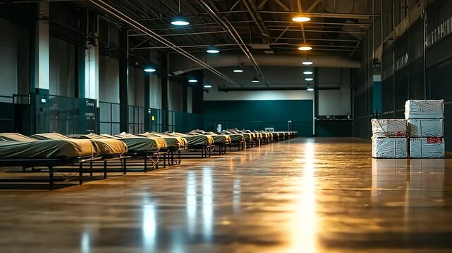 Rows of cots in a gym under dim emergency lighting, with relief supplies stacked in one corner, symbolizing disaster preparedness.