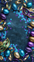 Festive Easter or Carnival celebration with decorated eggs and masks.