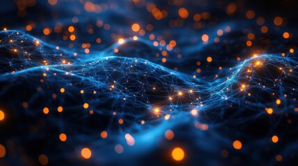 Obraz premium Abstract futuristic network with glowing nodes and interconnected fibers in dark space