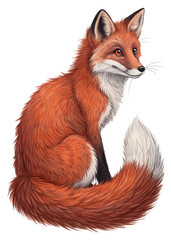 Fototapeta premium Realistic depiction of a red fox sitting gracefully with a bushy tail, showcasing vibrant orange fur and bright eyes in a whimsical style Transparent PNG