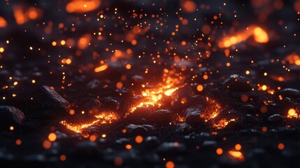 Fototapeta premium A close-up of ash with small embers glowing faintly, surrounded by a light mist of smoke, under the vast dark sky.