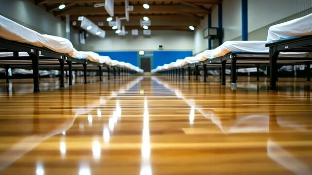 Rows of cots on a polished gym floor, emergency kits placed at the foot of each bed, symbolizing disaster relief preparedness.