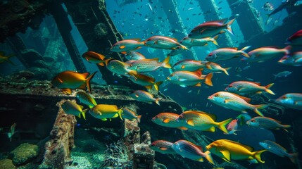 Fototapeta na wymiar Serene Underwater Ballet of a School of Fish Swimming Gracefully in the Ocean Depths, Marine Life Exploration