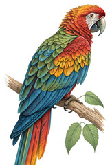 Colorful macaw perched on branch showing vibrant plumage in a tropical forest environment during daylight Transparent PNG