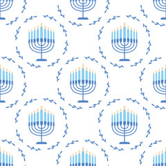 A seamless pattern with burning blue menorah and a floral wreath. Happy Hanukkah celebration print. Banner, background, wallpaper, fabric template.