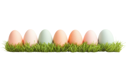 Colorful easter eggs lying in green grass on transparent background