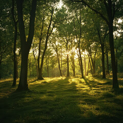 Fototapeta premium A serene forest clearing, tall oak trees forming a natural canopy, golden sunlight filtering through vibrant green leaves