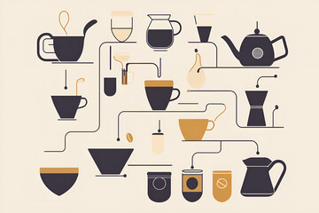 Artistic coffee brewing diagram featuring various coffee-making equipment and techniques
