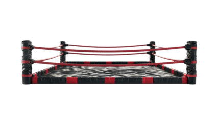 Empty boxing ring with red ropes on transparent background