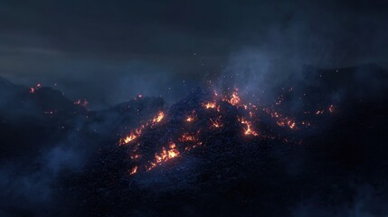 Obraz premium A soft and intimate shot of glowing embers resting on a pile of ash, with wisps of smoke gently rising toward the dark sky.