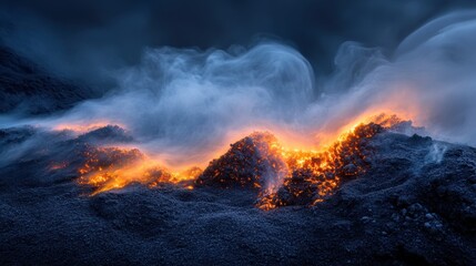 Fototapeta premium A soft and intimate shot of glowing embers resting on a pile of ash, with wisps of smoke gently rising toward the dark sky.
