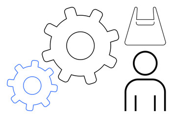 Human figure, two gears, and shopping bag. Ideal for automation, productivity, retail, technology integration, teamwork innovation human-centric design. Black and blue abstract line flat metaphor