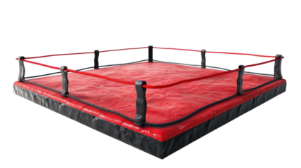 Empty boxing ring with red canvas and black ropes on transparent background
