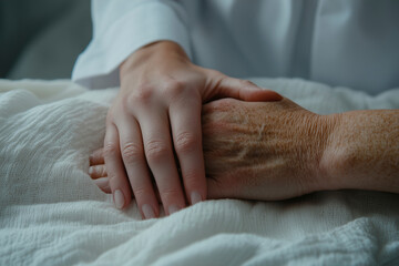 Fototapeta premium A Gentle Touch: A poignant image capturing the tender bond between generations, conveying comfort, care, and the profound connection between people. World Cancer Day.