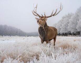 Fototapeta premium Majestic red deer standing in frozen winter landscape