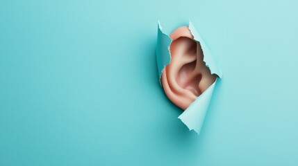 Ear emerging from torn turquoise paper background in conceptual surreal art imagery