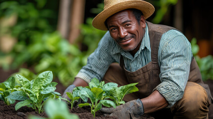 Farmer planting young seedlings in rich soil