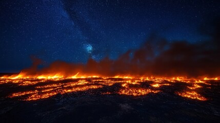 Close-up of dark, cool embers with small, sporadic sparks rising, set against a backdrop of burnt logs and fading smoke.