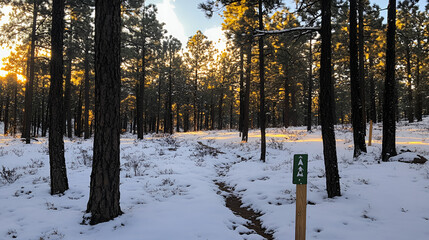 Snowy forest pathway with pine trees and sunlight in winter season