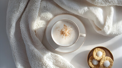 Cozy morning with a warm beverage and sweet treats, enveloped in a soft blanket.