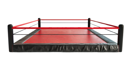 Wrestling ring with red mat and black ropes on transparent background
