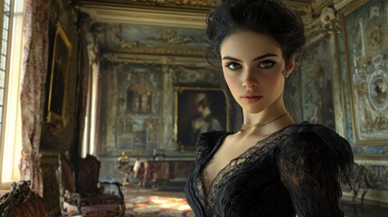 Elegant woman in luxurious vintage room with ornate decor and antique paintings