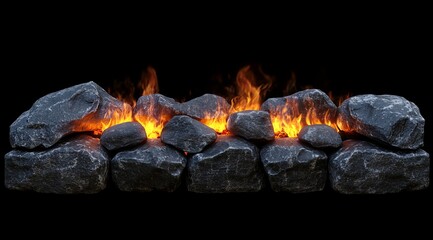 Burning rocks fireplace, dark background, isolated, home decor