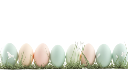 Row of pastel colored easter eggs lying in green grass with transparent background