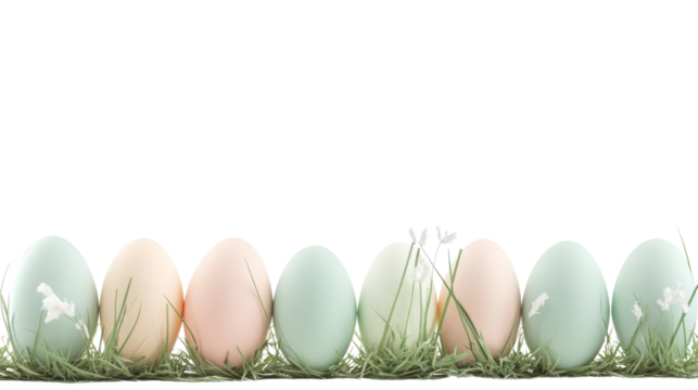 Row of pastel colored easter eggs lying in green grass with transparent background