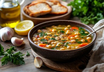 Hearty chickpea soup in a rustic bowl with fresh parsley, lemon, garlic, and crusty bread.