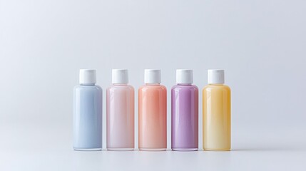 Pastel lotion bottles on white background, product display