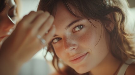 Obraz premium Female model with beautiful skin getting makeup applied. Cosmetic care and facial treatment being carried out by a skilled hand.