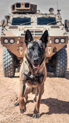 Belgian Malinois stands proudly before a military vehicle.