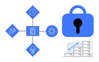 Light blue and black icons including people, clock, document, cogwheel and lightbulb connected to a central network with a padlock on the right. Ideal for business, data security, project management
