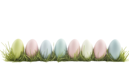 Row of pastel colored easter eggs nesting in green grass on transparent background