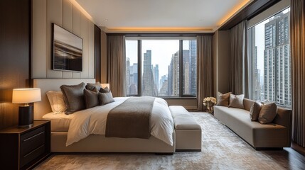 Luxurious modern bedroom with city skyline view and elegant décor in high-rise apartment