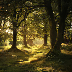 A serene forest clearing, tall oak trees forming a natural canopy, golden sunlight filtering through vibrant green leaves