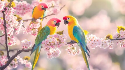 Two parrots sit together on a branch amidst pink flowers, symbolizing love and affection.
