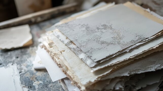 Stack of handmade paper sheets with textured surfaces, highlighting innovative production techniques and showcasing artistic potential in a crafting workshop setting