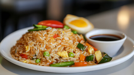 Egg fried rice with vegetables, served with a side of soy sauce.