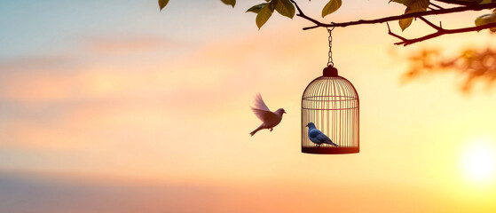 Obraz premium A serene sunset scene featuring a birdcage with a bird inside and another bird flying nearby, symbolizing freedom and confinement.