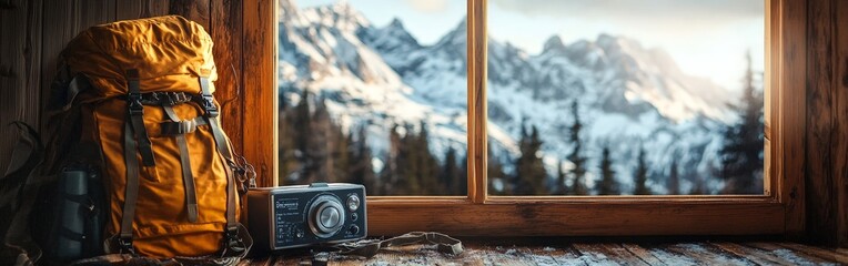 A mountaineering backpack and radio near a wooden window, overlooking majestic snow-covered peaks. Ideal for adventure, travel, and outdoor survival themes.