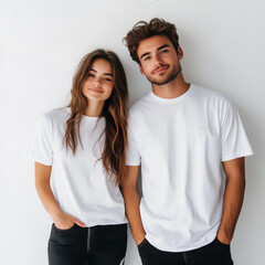 Fototapeta premium Happy Young Couple in Matching White T-Shirts – Casual Fashion Portrait